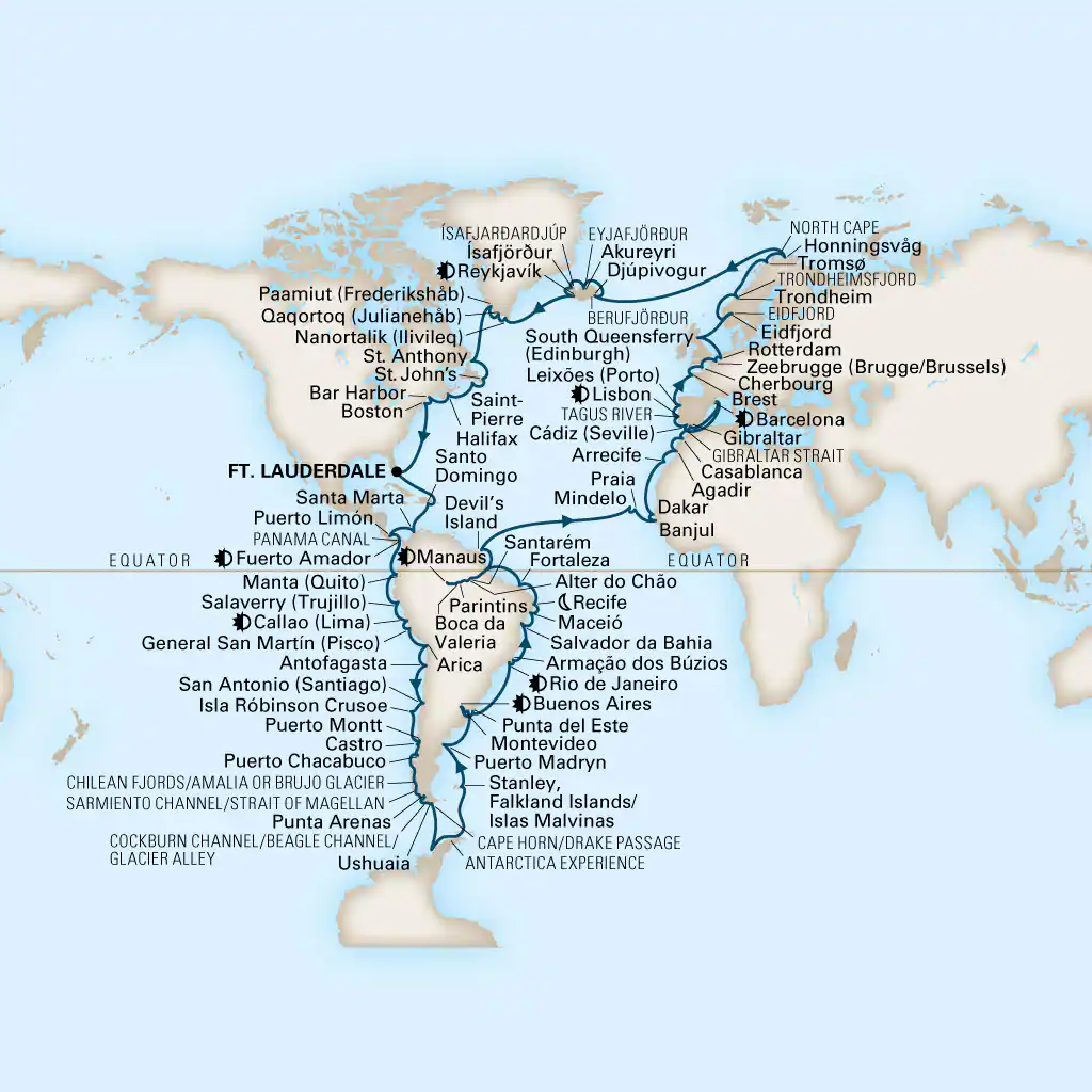 133 day Holland America Line world cruise map.